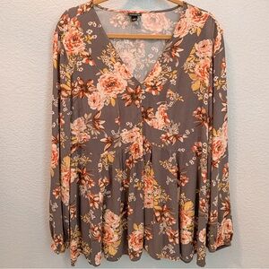 Torrid Blouse Top Shirt Gray Floral Baby Doll Boho V Neck Long Sleeve Boho 2XL